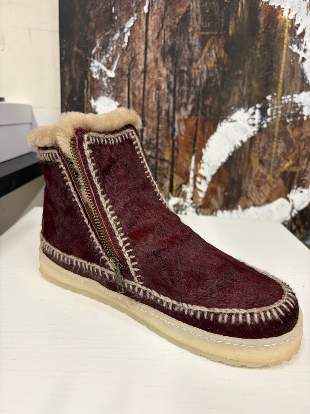 Laidback London Setsu Boot Burgundy Fur Zip Ankle Boot Women’s Size 41